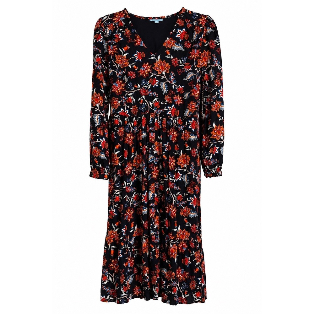 NWT Draper James Floral Midi Dress Small Navy V-Neck Long Sleeve Lined MSRP $70